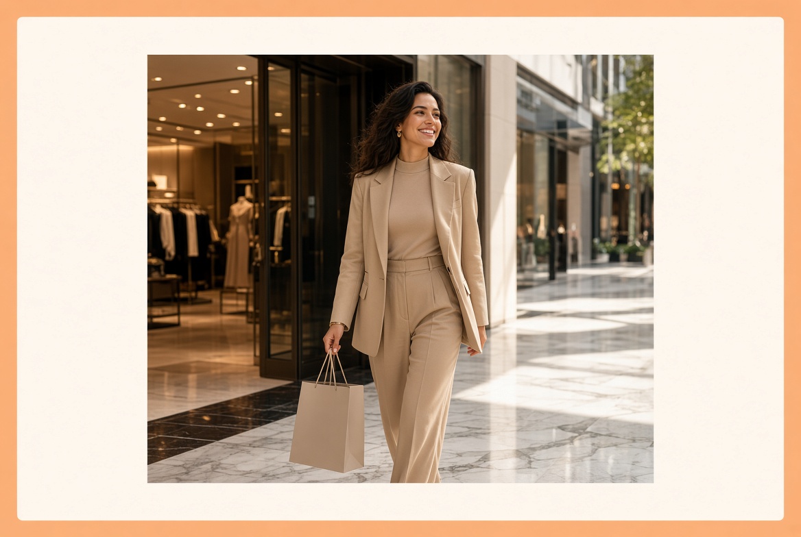 Smiling customer leaving a boutique wearing a beige tailored outfit and carrying a shopping bag