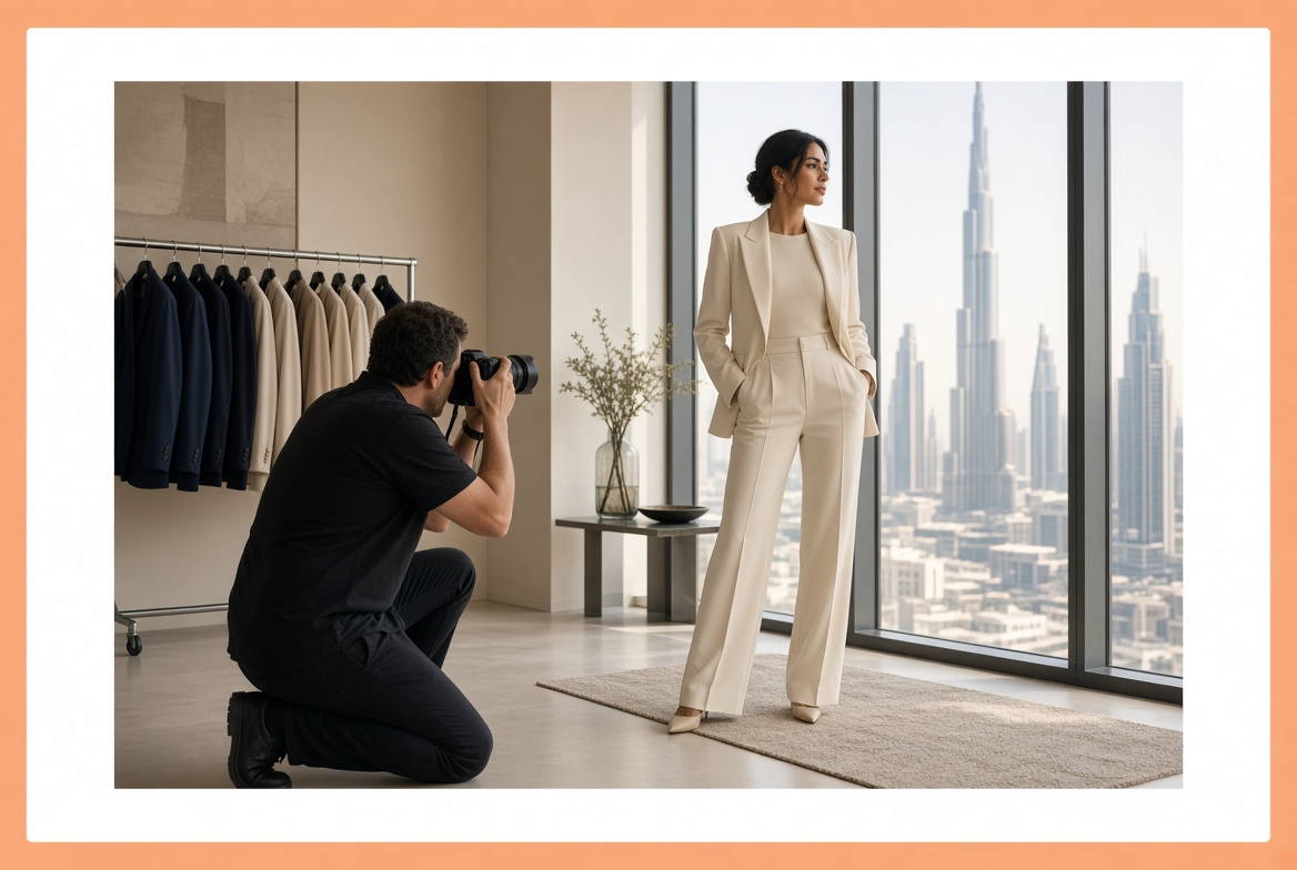 Photographer photographing a model in a cream suit beside a clothing rail and Dubai skyline window