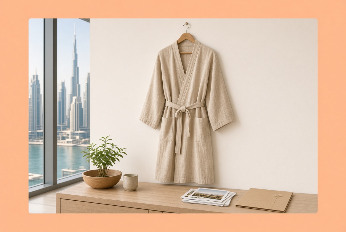 Beige garment on a hanger above printed photos and a folder for image usage rights, Dubai skyline in the window