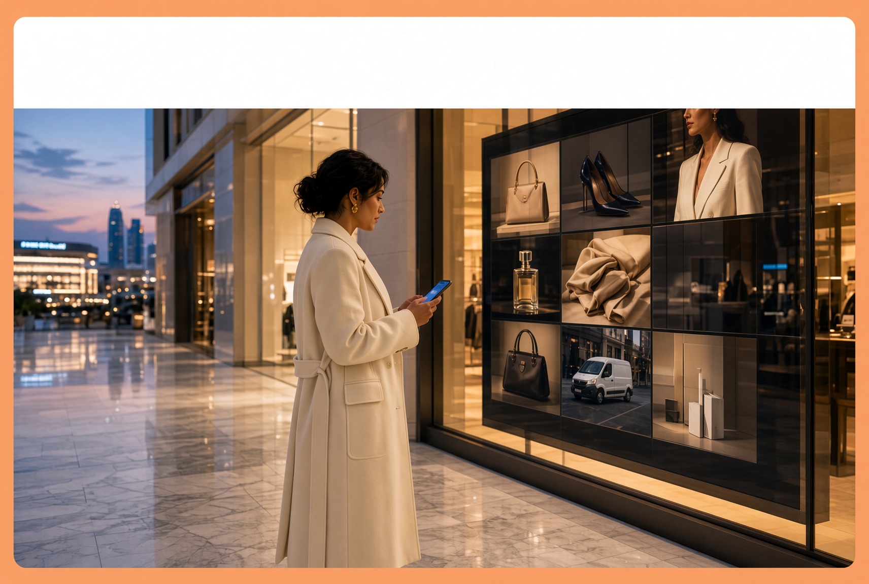 Woman in a cream coat outside a Dubai mall boutique whose window shows a grid of products like an online shop
