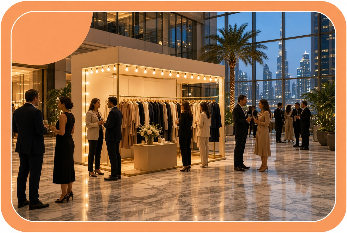 Special fashion label launch pop-up event in a Dubai mall atrium with guests and a clothing rail