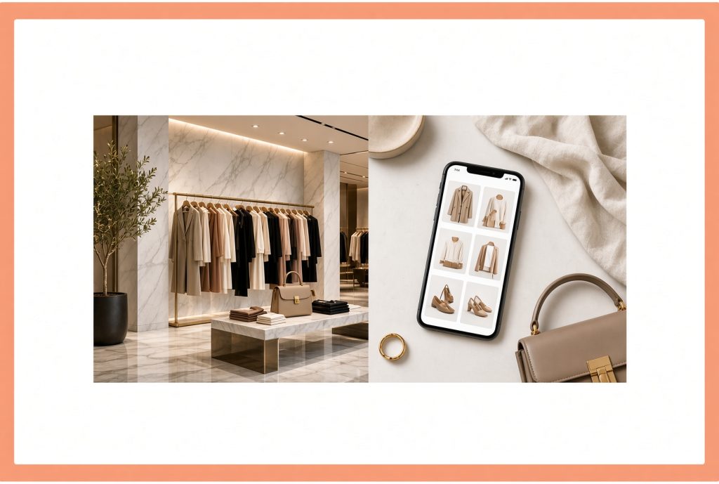 Fashion branding in Dubai: mall boutique on the left and online shopping flat lay on the right