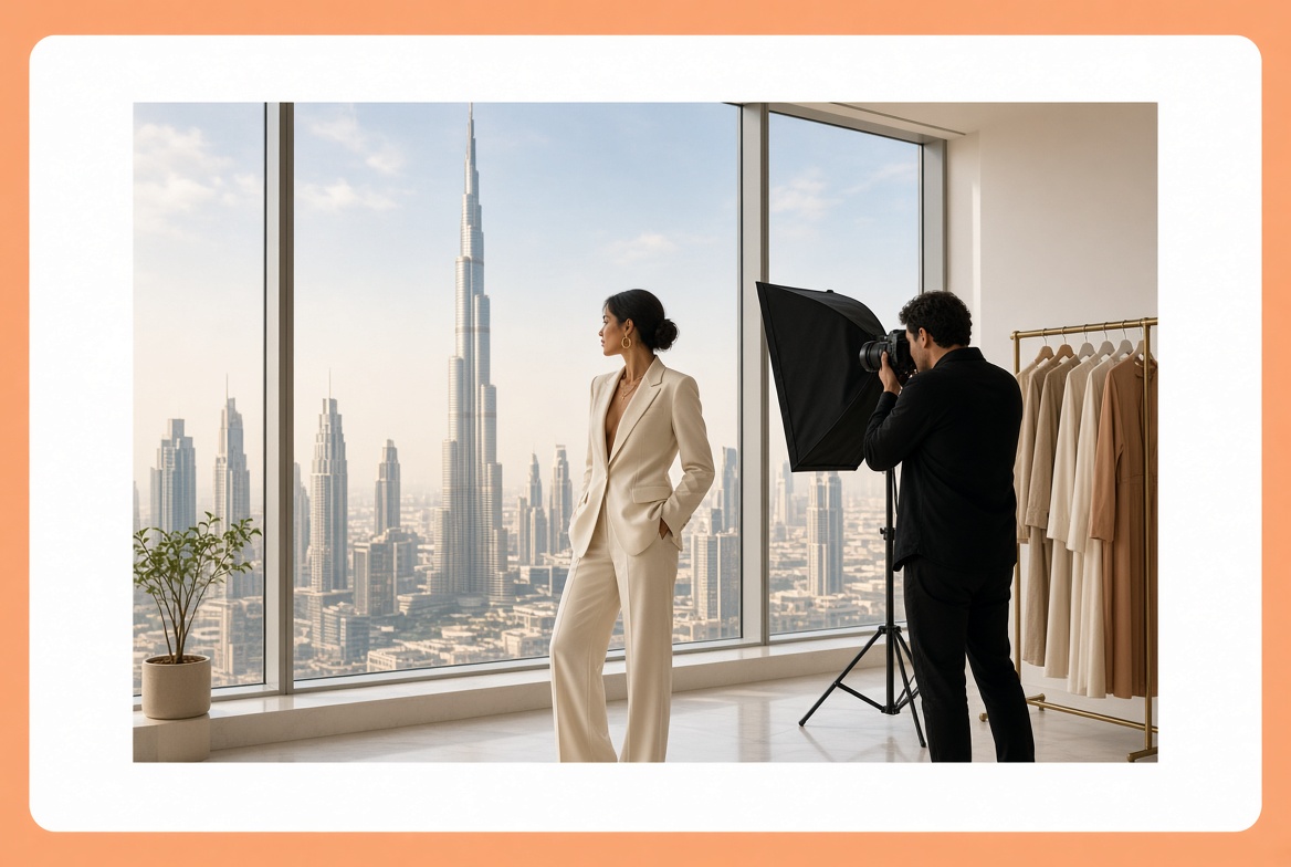 Fashion photoshoot in a Dubai high-rise: model in a cream suit, photographer, softbox and clothing rail