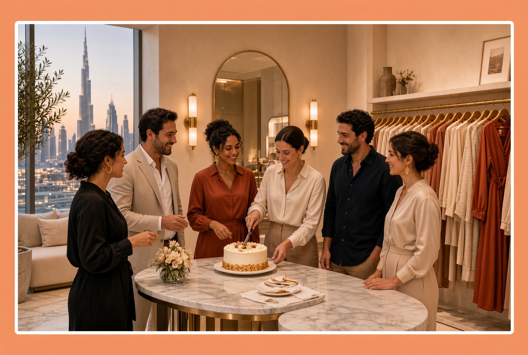 Friends celebrating inside a Dubai boutique with cake, champagne and a clothing rail