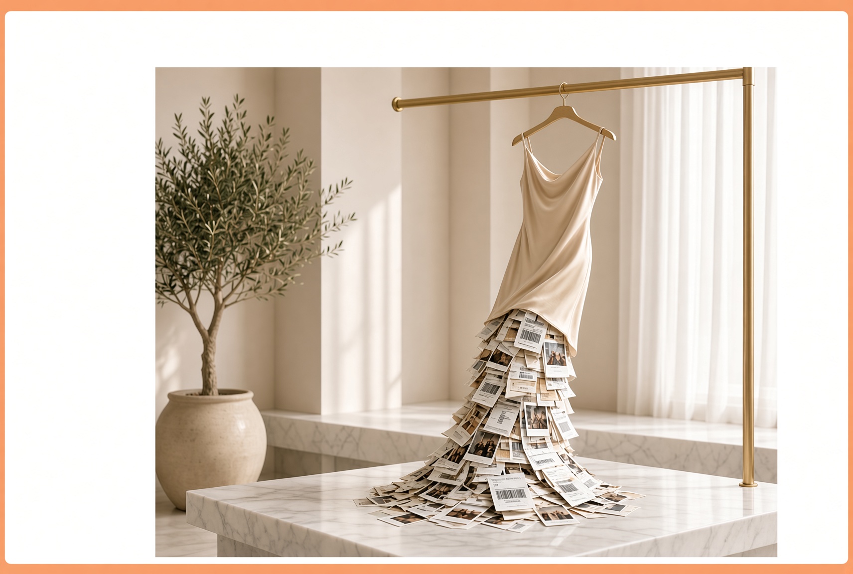 Beige silk dress on a gold rail with the hem becoming shipping labels and customer photos
