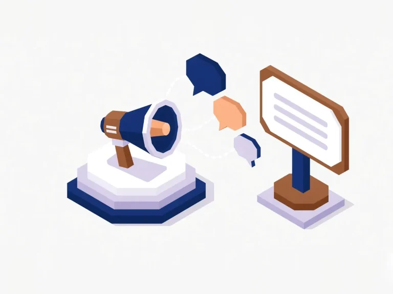 Isometric illustration of a brand message and slogan with a megaphone and signboard