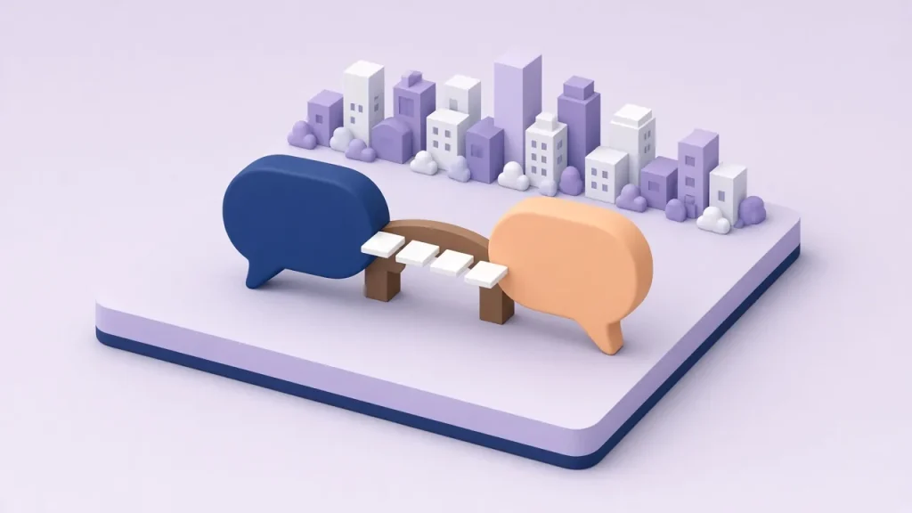 Isometric navy and peach speech bubbles joined by a bridge of blank tiles in front of a lavender city skyline