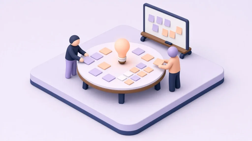 Isometric naming workshop with two small figures arranging cards around a table with a glowing light bulb and a whiteboard of sticky notes