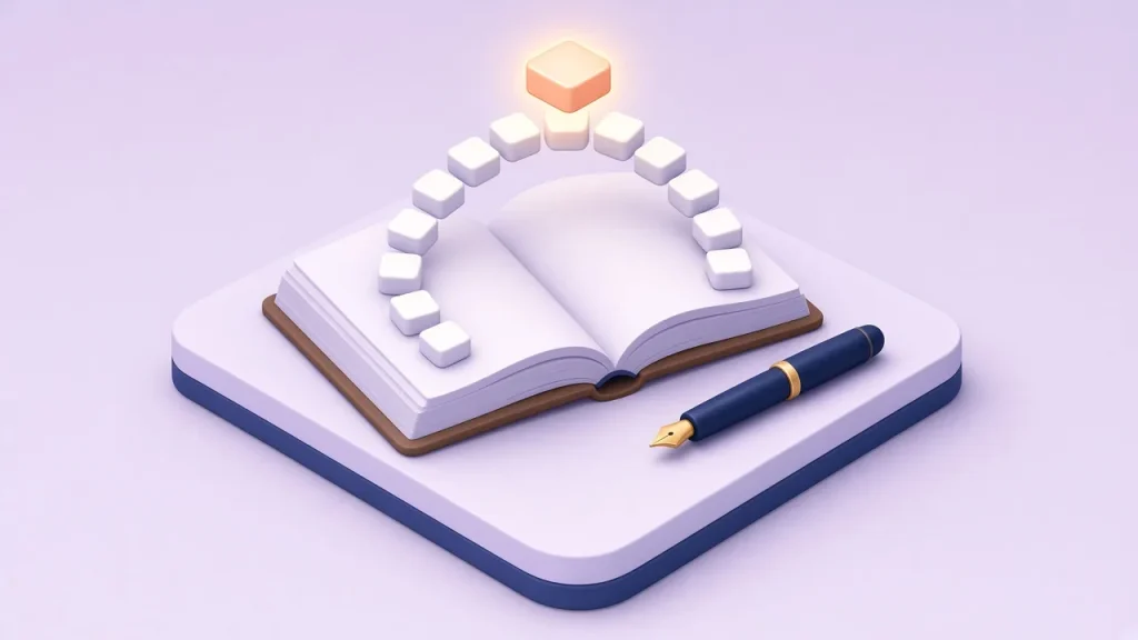 Isometric open dictionary with a fountain pen and an arc of white letter tiles rising from its pages to one glowing peach tile