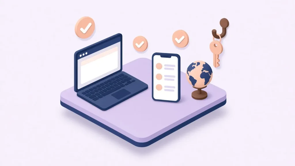Isometric laptop and smartphone with checkmark badges floating above, a small globe and a set of keys