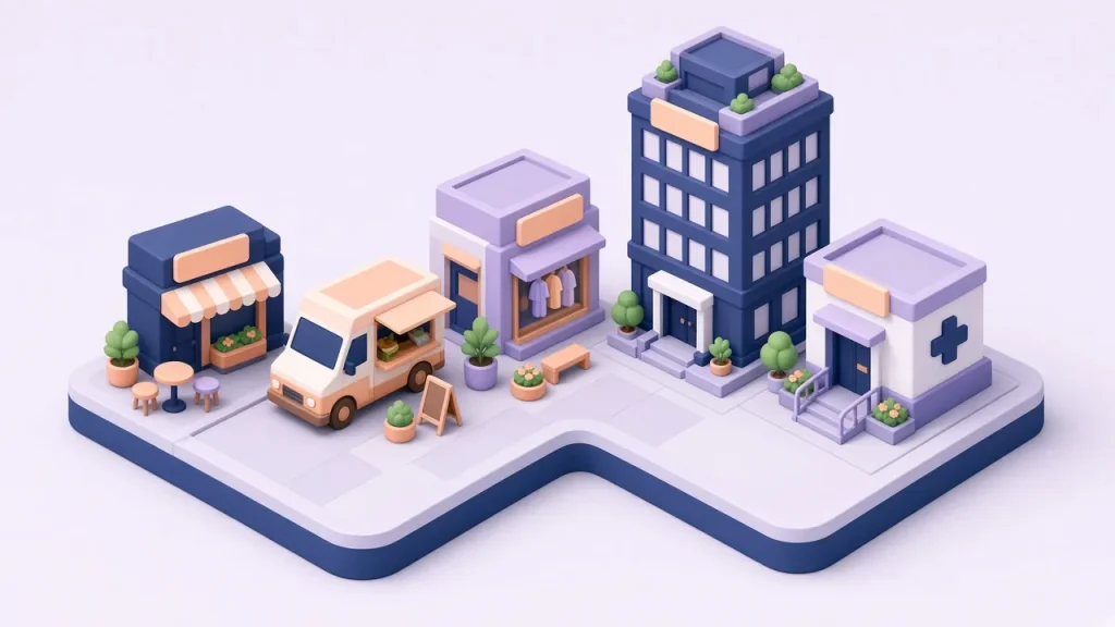 Isometric street corner with a café kiosk and food truck, a boutique, a navy office tower and a clinic with a cross emblem