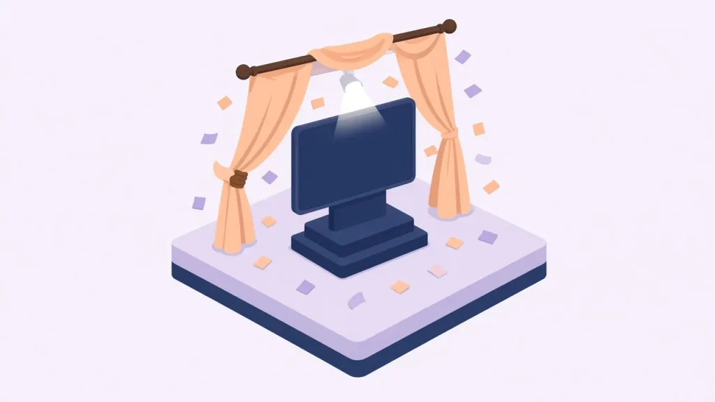 Isometric stage with peach curtains drawn open to reveal a blank navy screen on a pedestal, with confetti around it