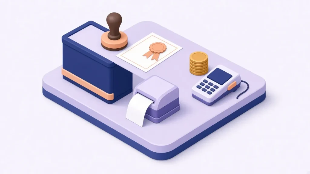 Isometric registration desk with a rubber stamp on a certificate, a receipt printer, a stack of coins and a card payment terminal