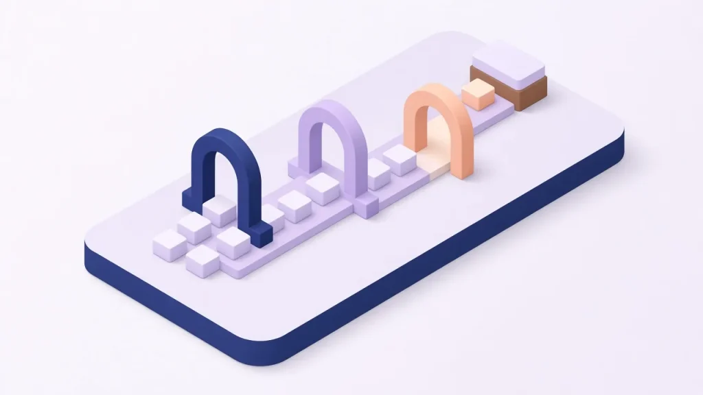 Isometric path of white tiles passing through three arches in navy, lavender and peach toward a raised platform