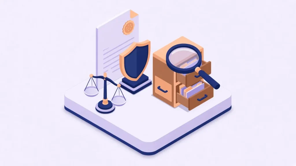 Isometric legal check scene with a certificate and seal, a navy shield, balance scales and a file drawer under a magnifying glass