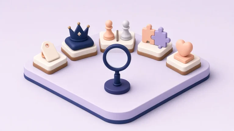 Isometric arc of five plinths holding a price tag, a crown, two facing pawns, puzzle pieces and a heart, with a large magnifying lens in front