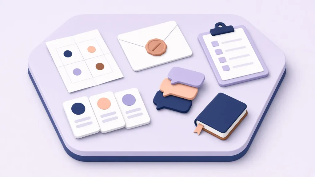 Isometric flat-lay of brand positioning deliverables: a quadrant map, persona cards, a wax-sealed statement, speech-bubble cards, a checklist and a guide booklet