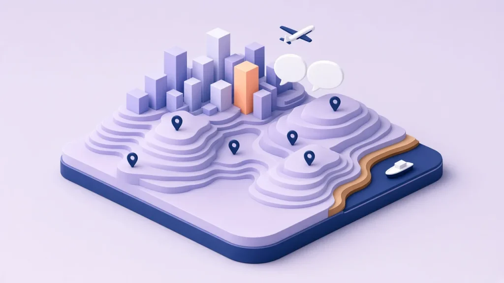 Isometric topographic terrain with a modern skyline and one peach tower, two speech bubbles, a plane, a coastline with a boat and six location pins