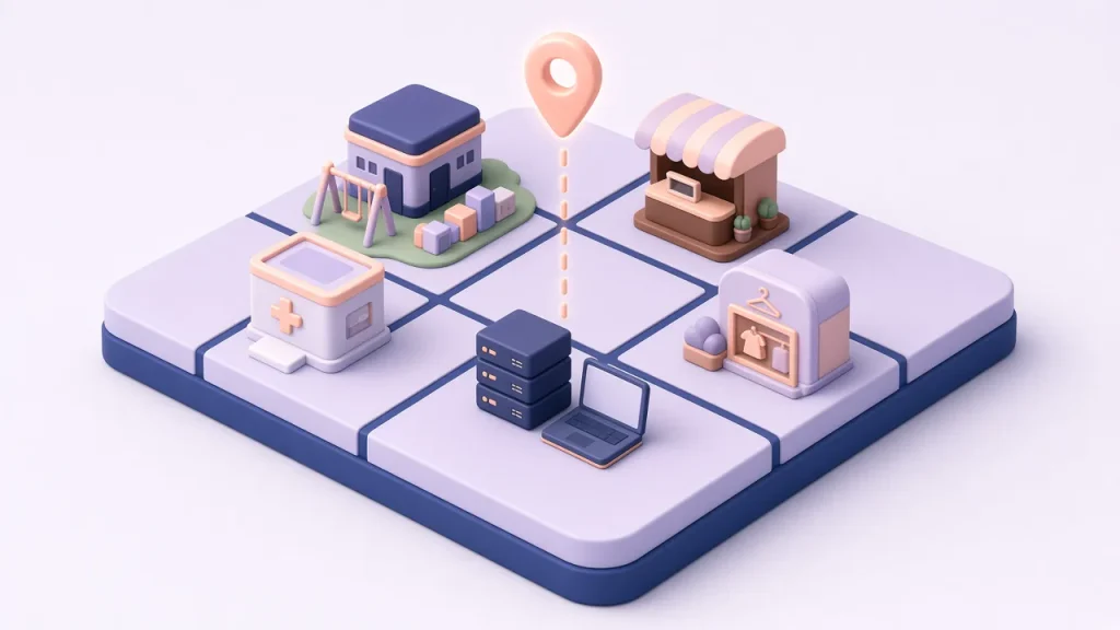 Isometric grid of five sector plots with homes and a playground, a café, a clinic, servers with a laptop and a boutique, with a peach pin above
