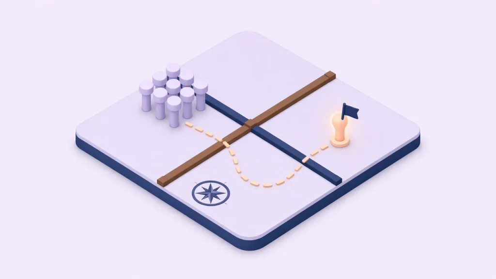 Isometric perceptual map board with a crowd of lavender pins in one quadrant and a single peach pin with a flag standing alone in an open quadrant, with a compass