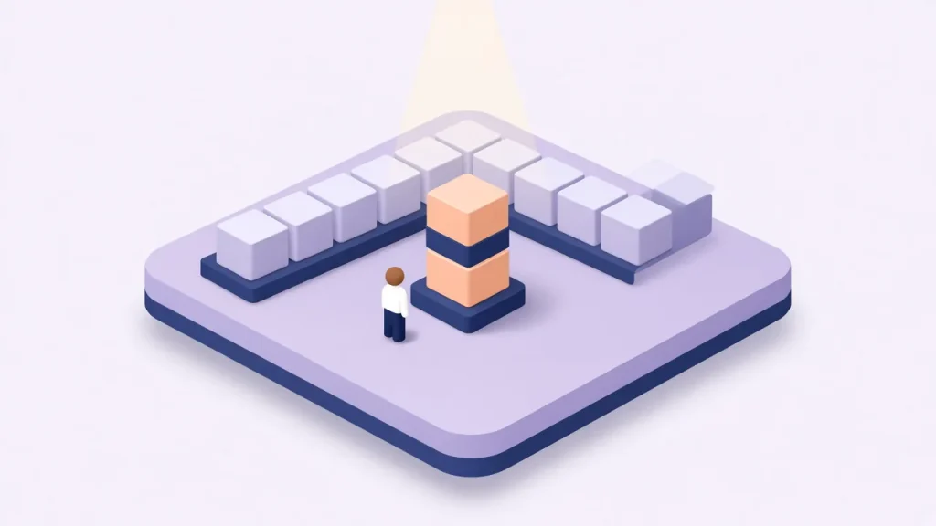 Isometric shelf of identical grey boxes with one peach box lifted onto a navy plinth under a spotlight, watched by a small figure