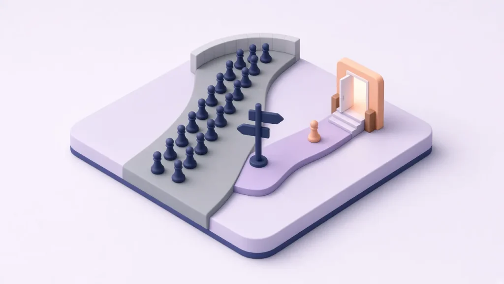 Isometric crossroads where a crowd of pawns heads to a dead end while one peach pawn walks toward a glowing open door