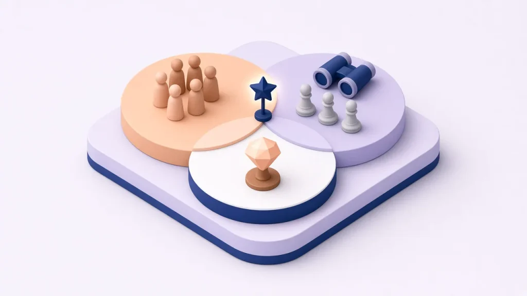 Isometric Venn diagram of three overlapping platforms with a group of people, binoculars with chess pawns and a peach gem, and a navy north star in the centre