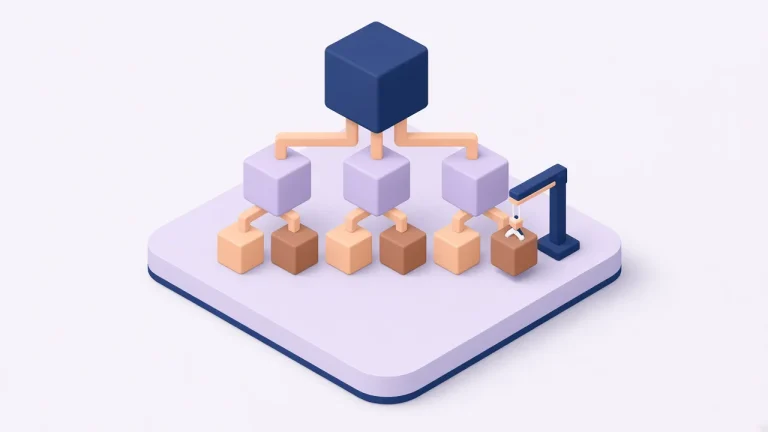 Isometric illustration of brand architecture as a master-brand block connected to sub-brand and product blocks