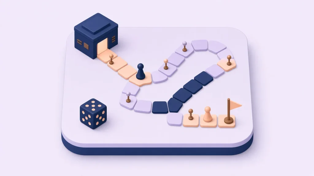 Isometric illustration of a strategy board game path leading from a company building to a finish flag, with a pawn and a die
