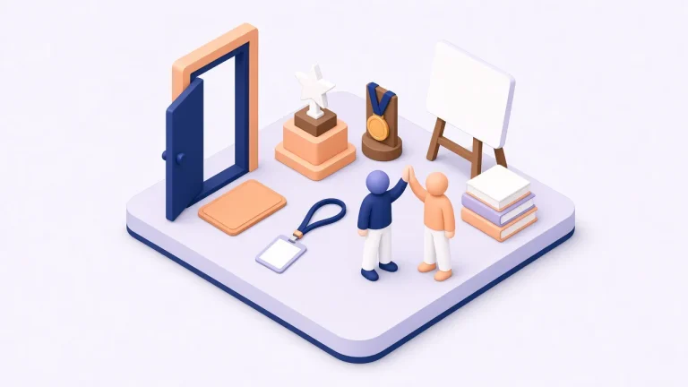 Isometric illustration of a customer-centric culture with an open door, trophy, medal, training easel, books and two colleagues giving a high-five