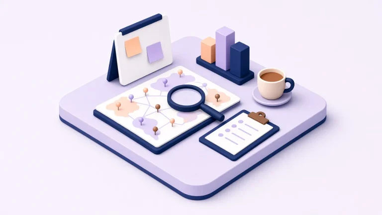 Isometric illustration of a brand discovery workshop with a market map, magnifying glass, sticky notes, audit clipboard and charts