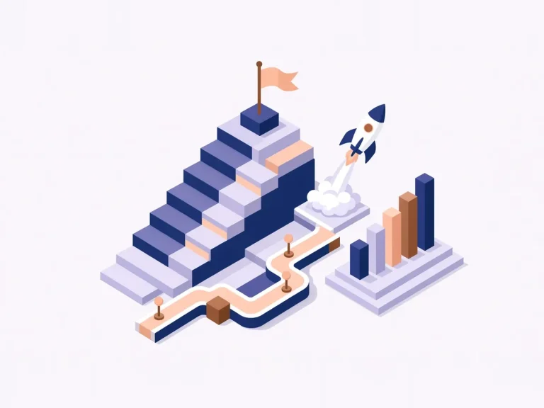 Isometric illustration of brand strategy implementation with steps and growth charts