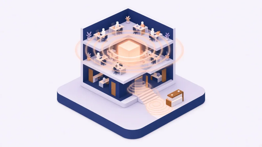 Isometric cutaway of an office building with a glowing core radiating outward through every floor to the customer counter
