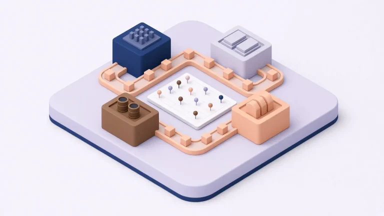 Isometric illustration of four department blocks connected by one conveyor loop around a customer journey map
