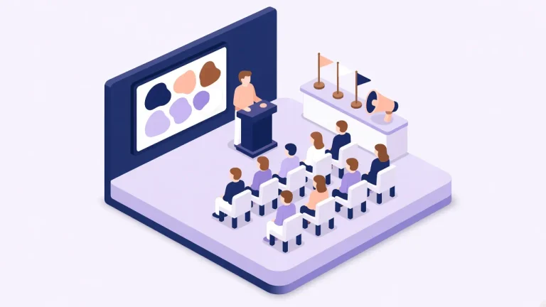 Isometric illustration of a team brand induction session with a presenter, screen and seated employees