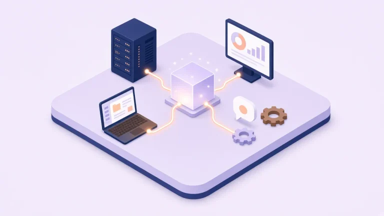 Isometric illustration of a server, monitor, laptop, chatbot and automation gears connected to one central single-source-of-truth cube