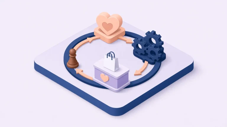 Isometric illustration of a virtuous cycle linking culture, processes and customer experience on a circular track