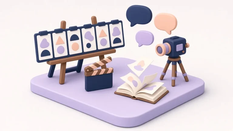 Isometric storyboard on an easel with a clapperboard, video camera, open book and speech bubbles