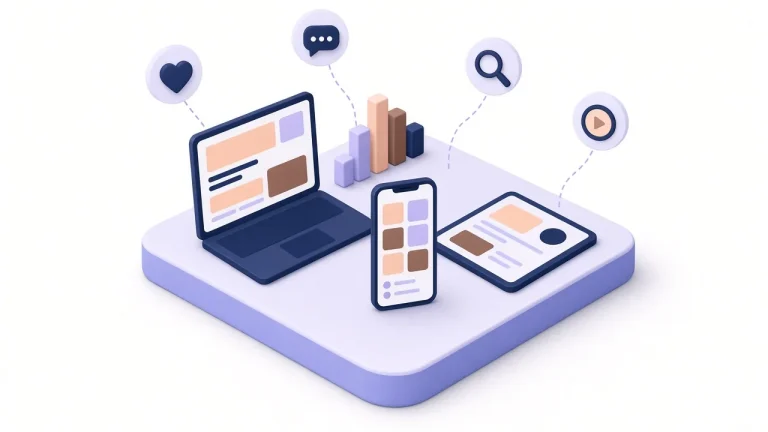 Isometric laptop, smartphone and tablet with like, chat, search and play icons and a rising bar chart