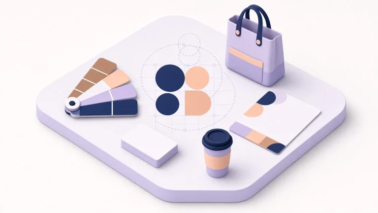 Isometric identity kit with colour swatches, logo shapes on a grid, business cards, a shopping bag and a branded coffee cup