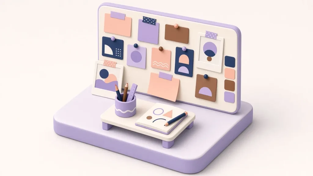 Isometric creative studio moodboard pinned with colour swatches, shapes and sketches above a desk with a pen cup and sketchbook