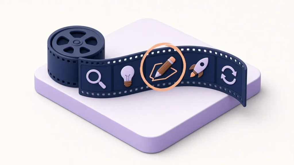Isometric film reel unrolling into a strip of frames with search, idea, design, launch and refresh icons, one frame circled in peach