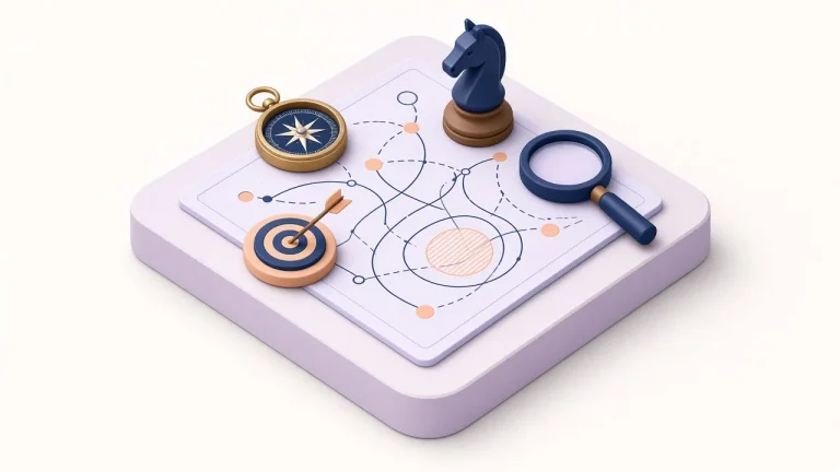 Isometric strategy map with dotted routes, a compass, a target, a chess knight and a magnifying glass