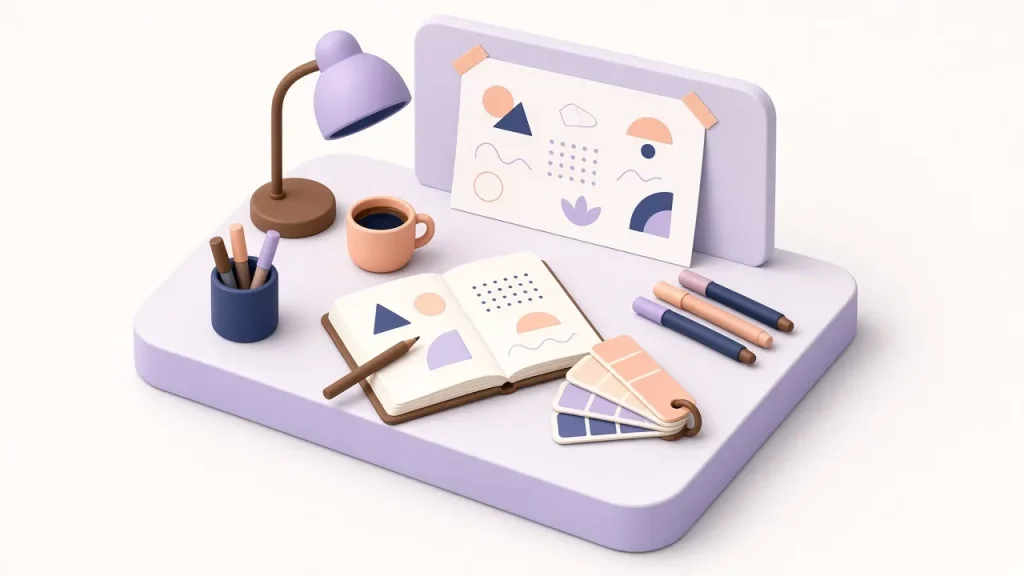Isometric designer desk with a lamp, coffee cup, open sketchbook, pencils, a swatch fan and an artboard of shapes