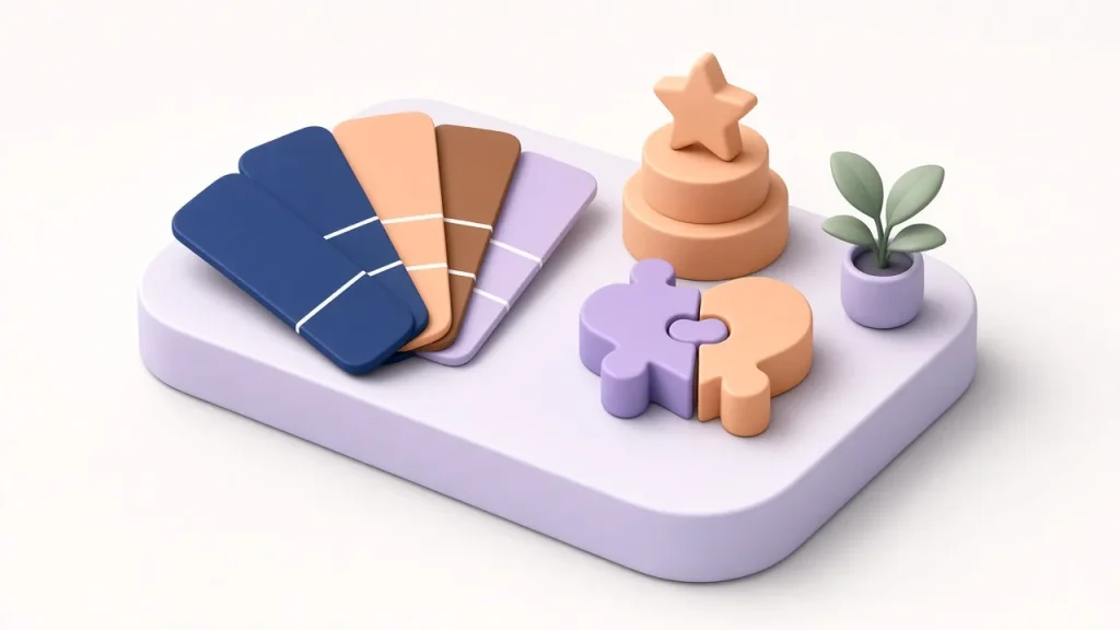 Isometric fan of navy, peach and lavender swatch cards beside interlocking puzzle pieces, a stacked trophy with a star and a plant