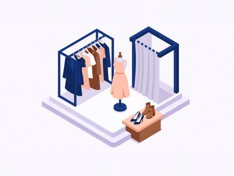 Isometric illustration of a fashion boutique with clothing racks