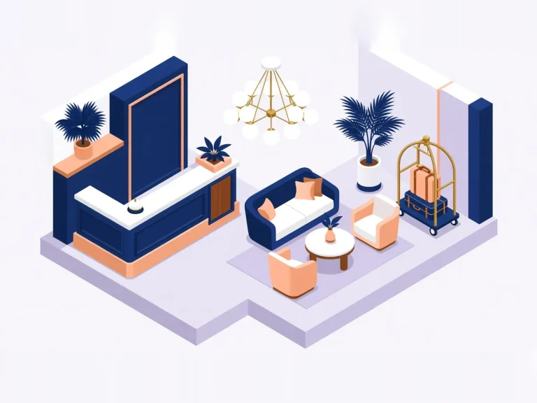 Isometric illustration of a hotel lobby for hospitality branding