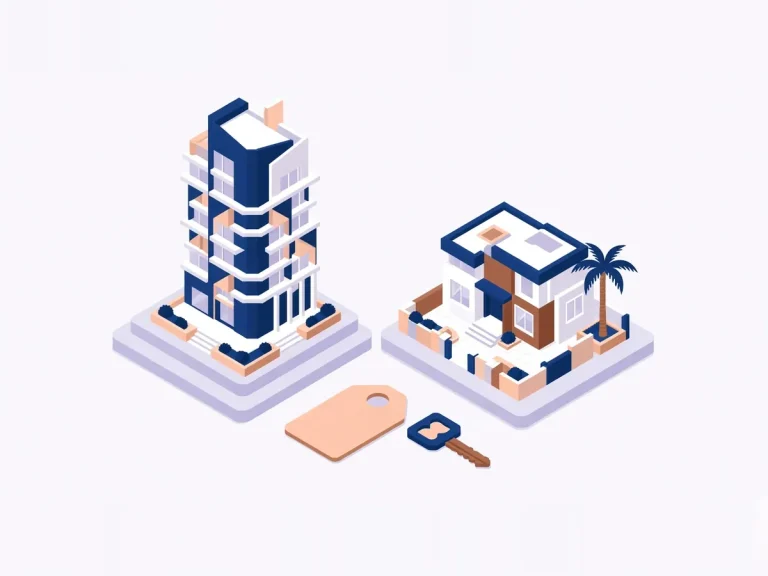 Isometric illustration of real estate branding with residential buildings