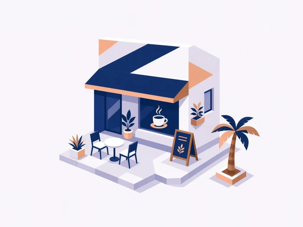 Isometric illustration of a branded café and restaurant in Dubai