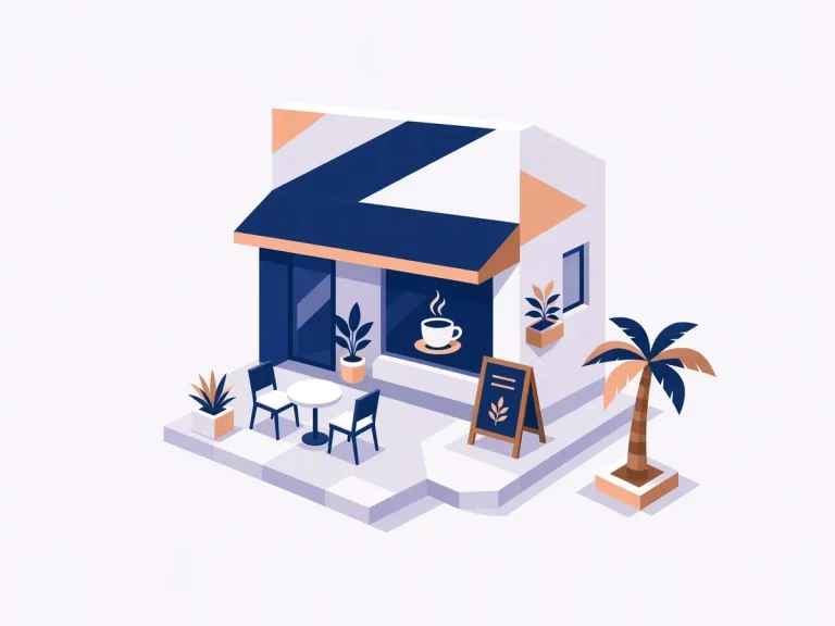 Isometric illustration of a branded café and restaurant in Dubai